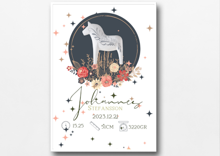 Doptavla -Personlig födelsetavla - Pojke - Flicka - Blommig Dalahäst