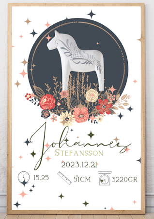 Doptavla -Personlig födelsetavla - Pojke - Flicka - Blommig Dalahäst