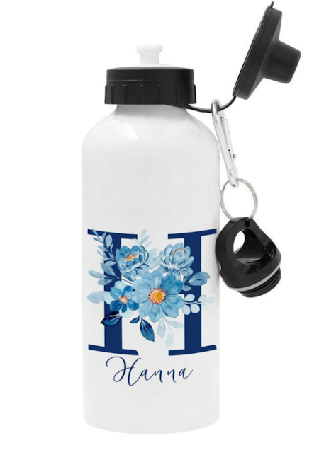 Personlig vattenflaska med namn - Blå blommig