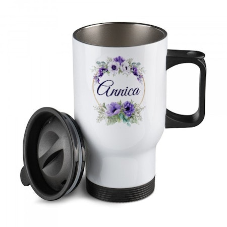 Lila blommor -Resemugg med namn- Termos med namn