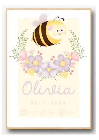 Personlig födelsetavla- Doptavla- Flicka- Bee