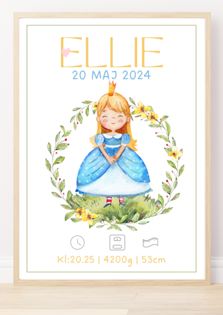 Doptavla -Personlig födelsetavla - Flicka -Princessa