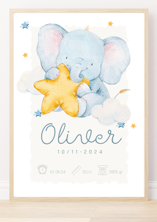 Doptavla -Personlig födelsetavla - Pojke -Elefant