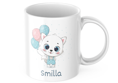 Katt med ballonger  - Barnmugg med namn , Personlig mugg för barn