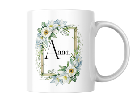 Personlig mugg med initial och namn i blommig ram