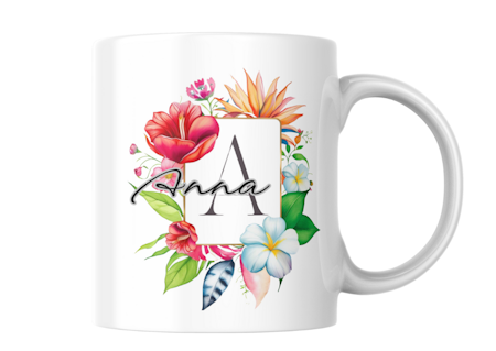 Personlig keramikmugg med blomsterbokstav och namn – färgglad presentidé