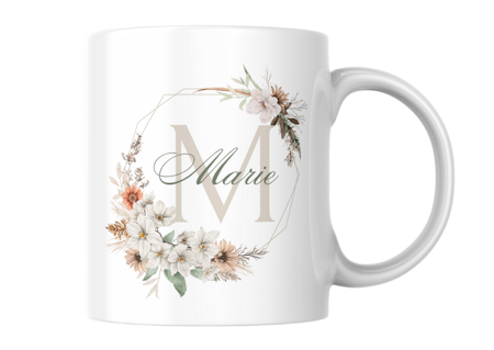 Personlig Keramik Mugg med Namn och Monogram - Höstblommor