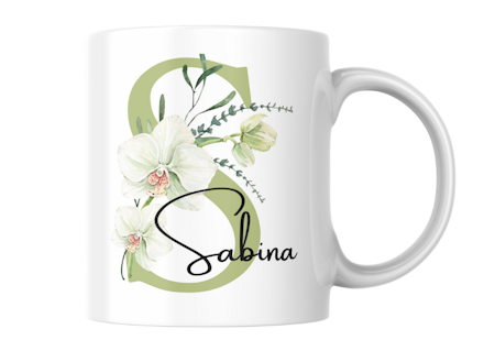 Personlig mugg med initial och orkidé – stilren monogram-present