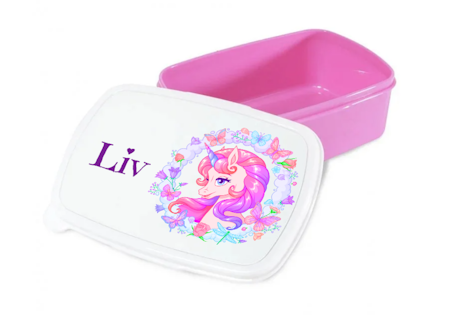Personlig lunchlåda för barn -matlåda- lunchbox - Blommig enhörning