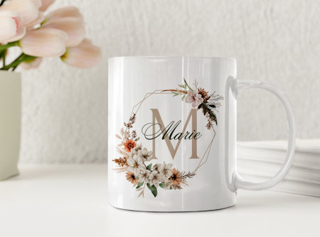 Personlig Keramik Mugg med Namn och Monogram - Höstblommor
