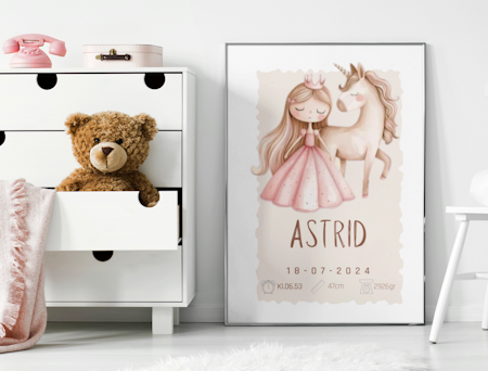 Personlig doptavla med Prinsessa och Enhörning – Födelseposter för barn
