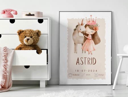 Personlig doptavla med Prinsessa och Enhörning – Födelseposter för barn