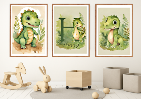 Personliga dinosaurieaffischer för barn – 3-pack väggkonst i pastell för barnrum