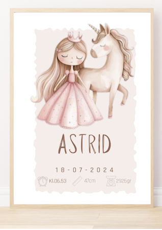 Personlig doptavla med Prinsessa och Enhörning – Födelseposter för barn