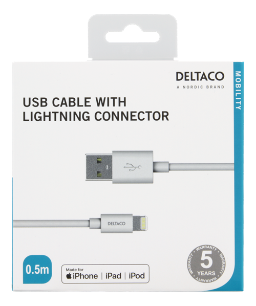 Deltaco lightningkabel till iPad, iPhone och iPod, 0.5m, MFi