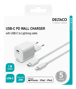 DELTACO USB-C PD väggladdare med avtagbar USB-C till Lightningkabel, 1 m, vit