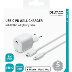 DELTACO USB-C PD väggladdare med avtagbar USB-C till Lightningkabel, 1 m, vit