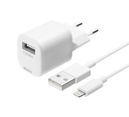 DELTACO väggladdare med USB-A till Lightningkabel, 1m, vit