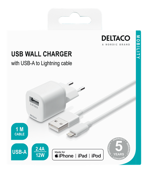 DELTACO väggladdare med USB-A till Lightningkabel, 1m, vit