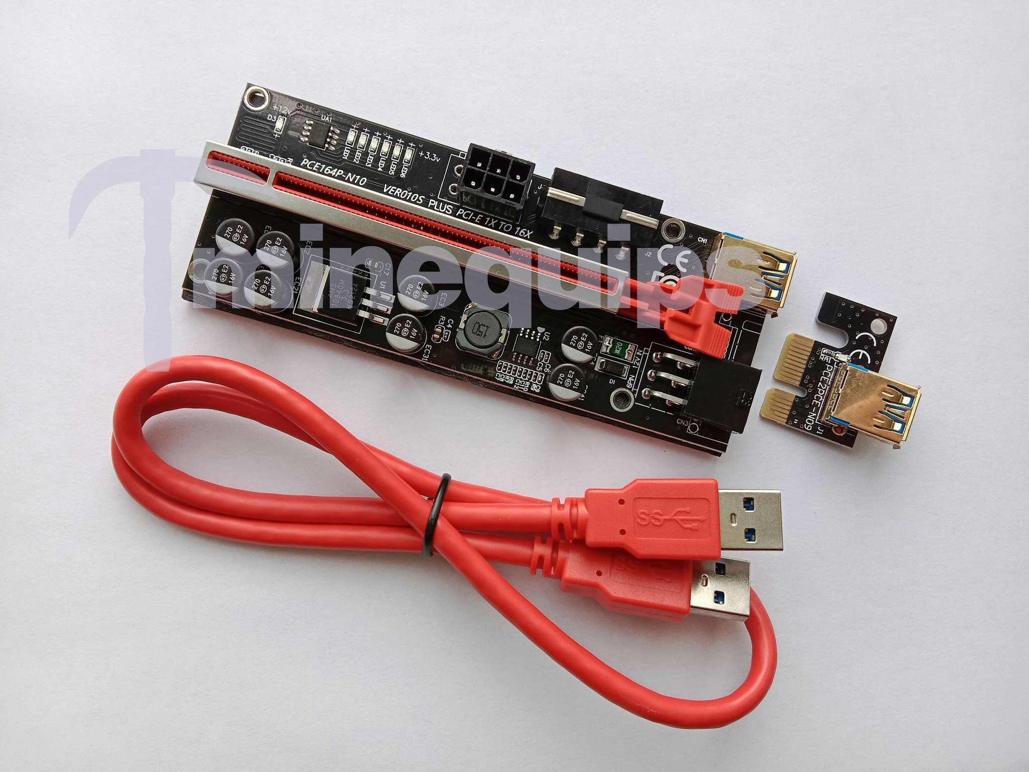 Minequips Riser 010S PLUS – CE, RoHS, 8 kondensatorer, sköldad PCIE, guldpläterad