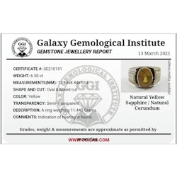 6,50 Karat naturlig gul safir, handgjord silverring med certifikat