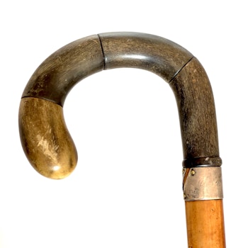 Antique walking stick from the late 19th century with handle of rhino horn, collar silver 830S