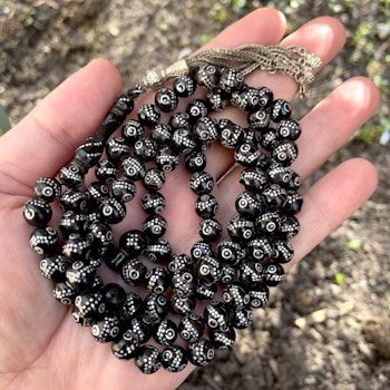 Antique Yesser rosary, black coral inlaid with silver 102 pearls, 60 g