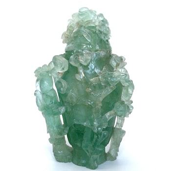Vase with lid, fluorite, China Late Qing Dynasty, Carved decoration of vegetation
