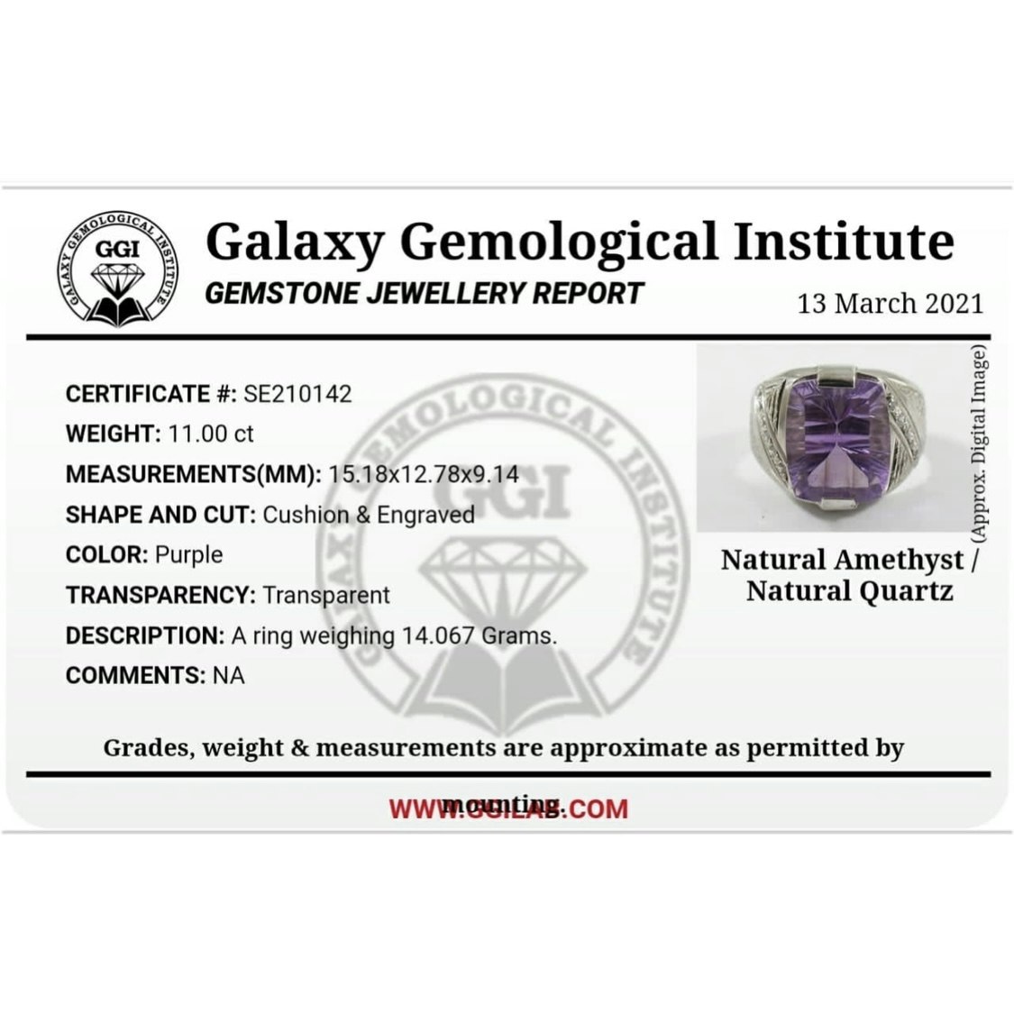 11,00 Karat natürlicher Amethyst, Silberring mit Zertifikat