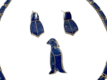Sterling silver smycke med Inlägg blå Lapis Lazuli Halsband, Örhänge set, brosch