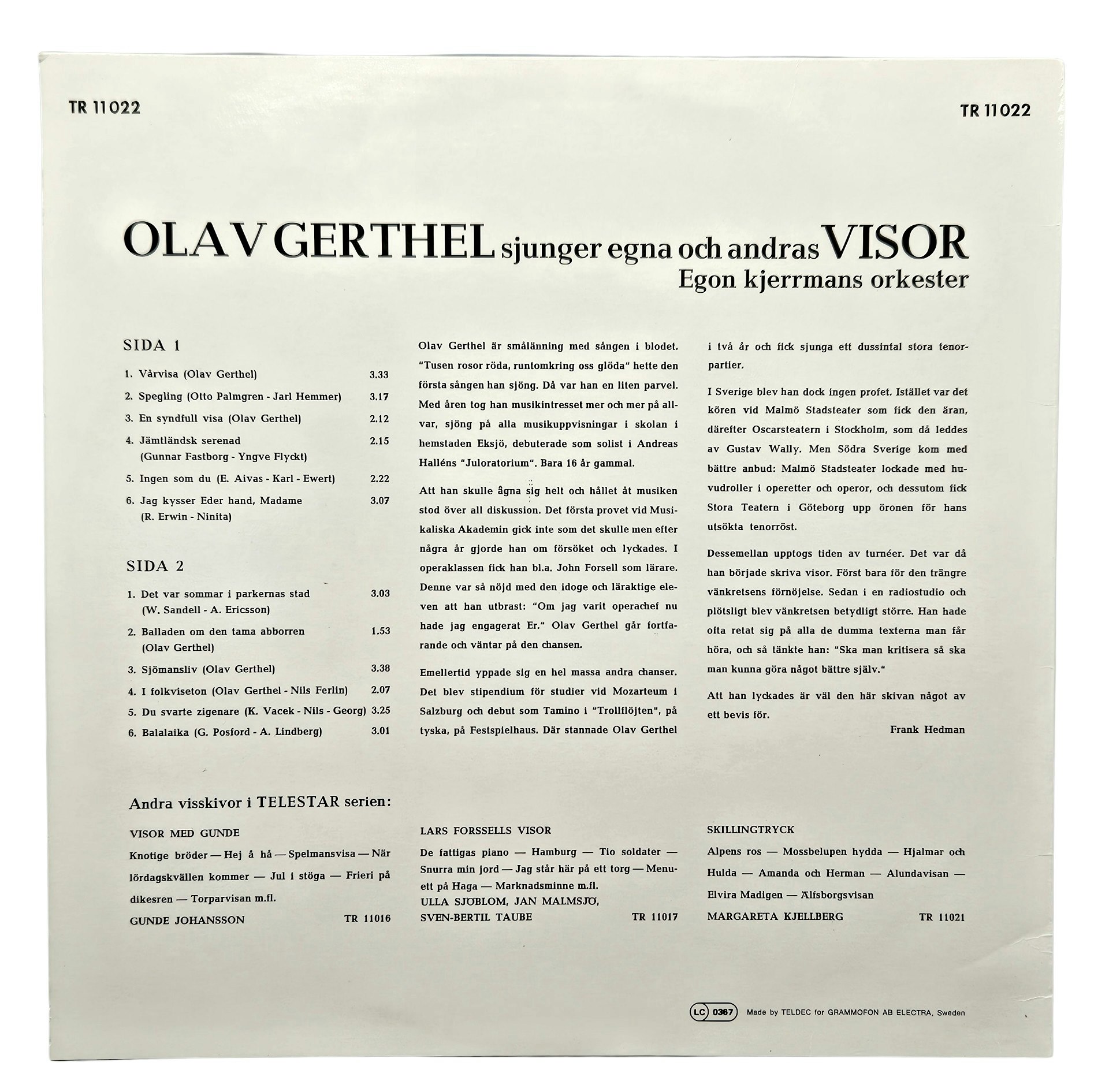 Olav Gerthel Sjunger Egna Och Andras Visor, LP