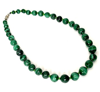 Necklace, malachite beads