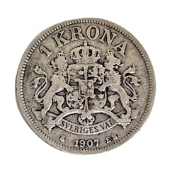 1 krone fra 1907 Oskar II Sølvmynt
