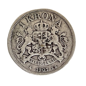 1 krona från 1907 Oskar II Silvermynt