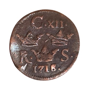 1/6 öre kopparmynt, 1718 Karl XII, Sverige