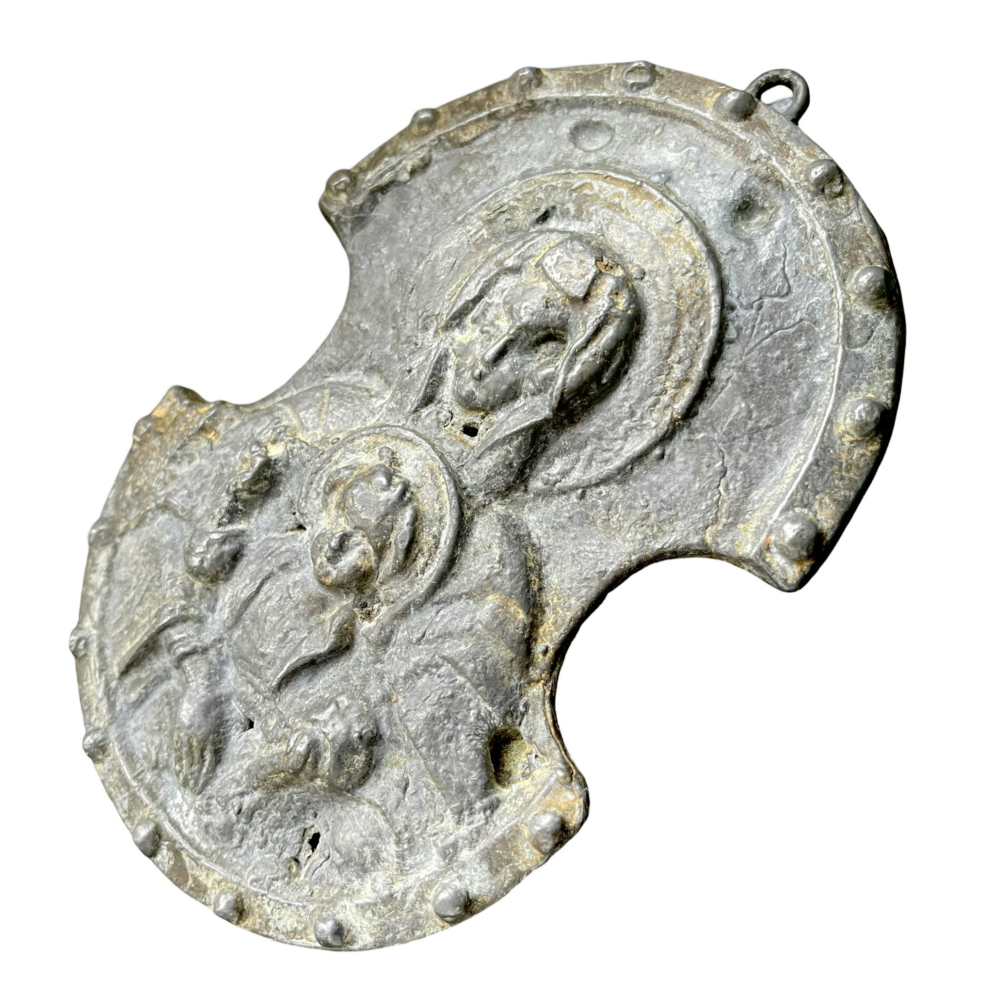 Antique relief, Virgin Mary and the Christ Child, metal