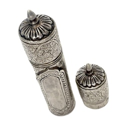 Antik rullfodral Scroll-behållare/skrivkapslar i silver med avtagbara locket