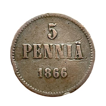 5 penniä 1866 copper, Finland
