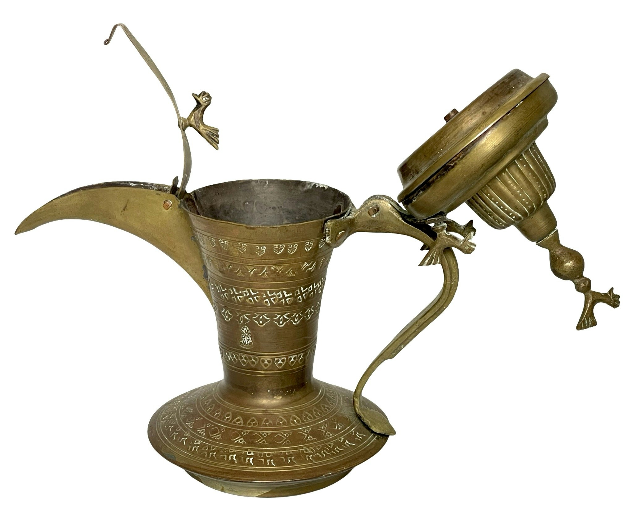 Antik Dallah kaffekanna, Dekorerad med geometriska symboler och fyra fåglar, Signerad