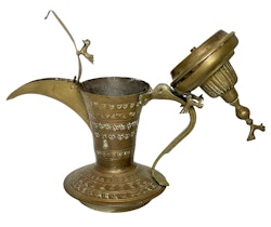 Antik Dallah kaffekanna, Dekorerad med geometriska symboler och fyra fåglar, Signerad