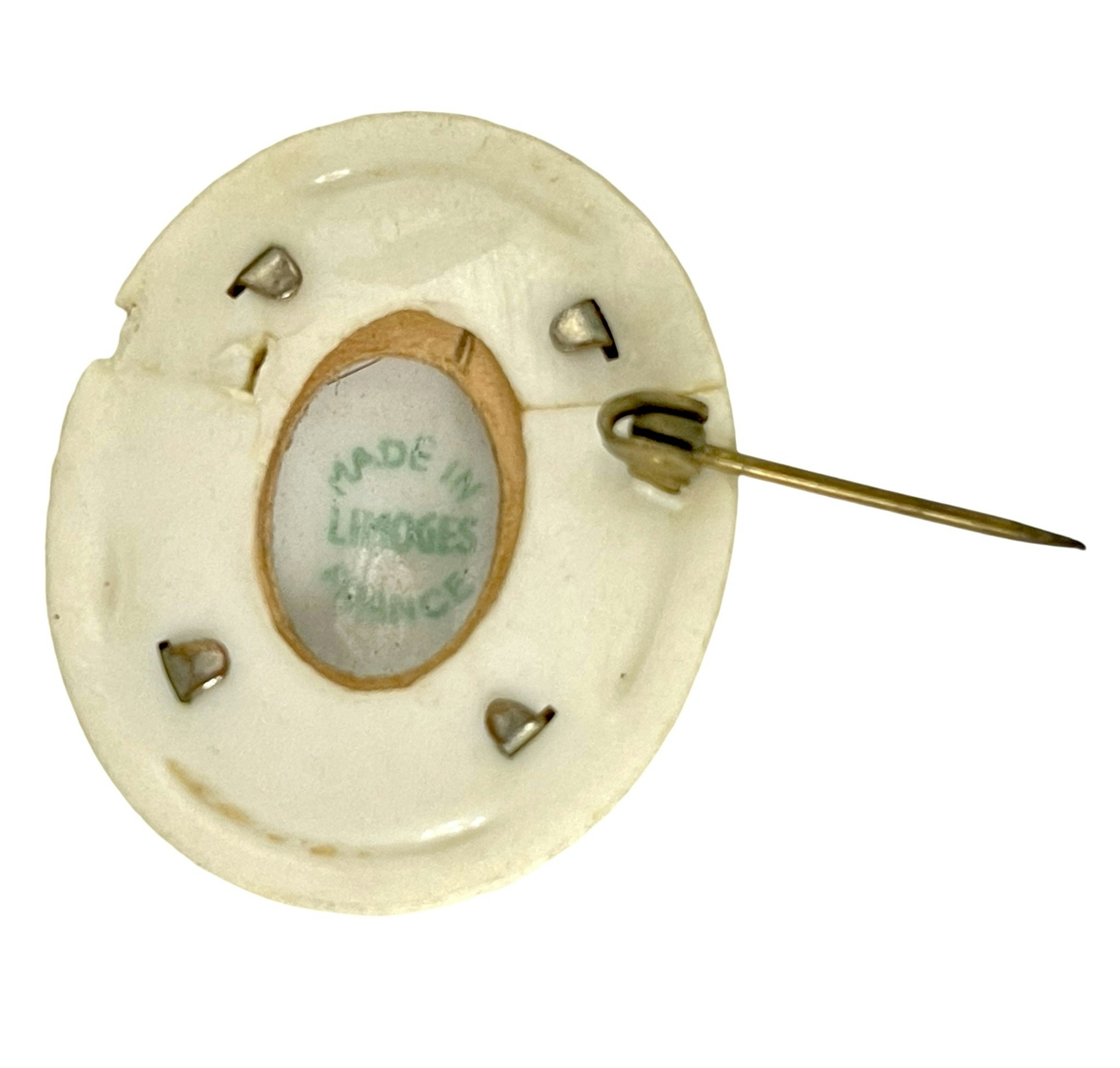 Vintage handmålad porslin brosch, kvinna, Limoges Frankrike