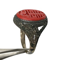 Antik Kinesiskt snidad cinnober silver Ring
