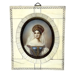 Cuadro en miniatura pintado antiguo, hueso, firmado.
