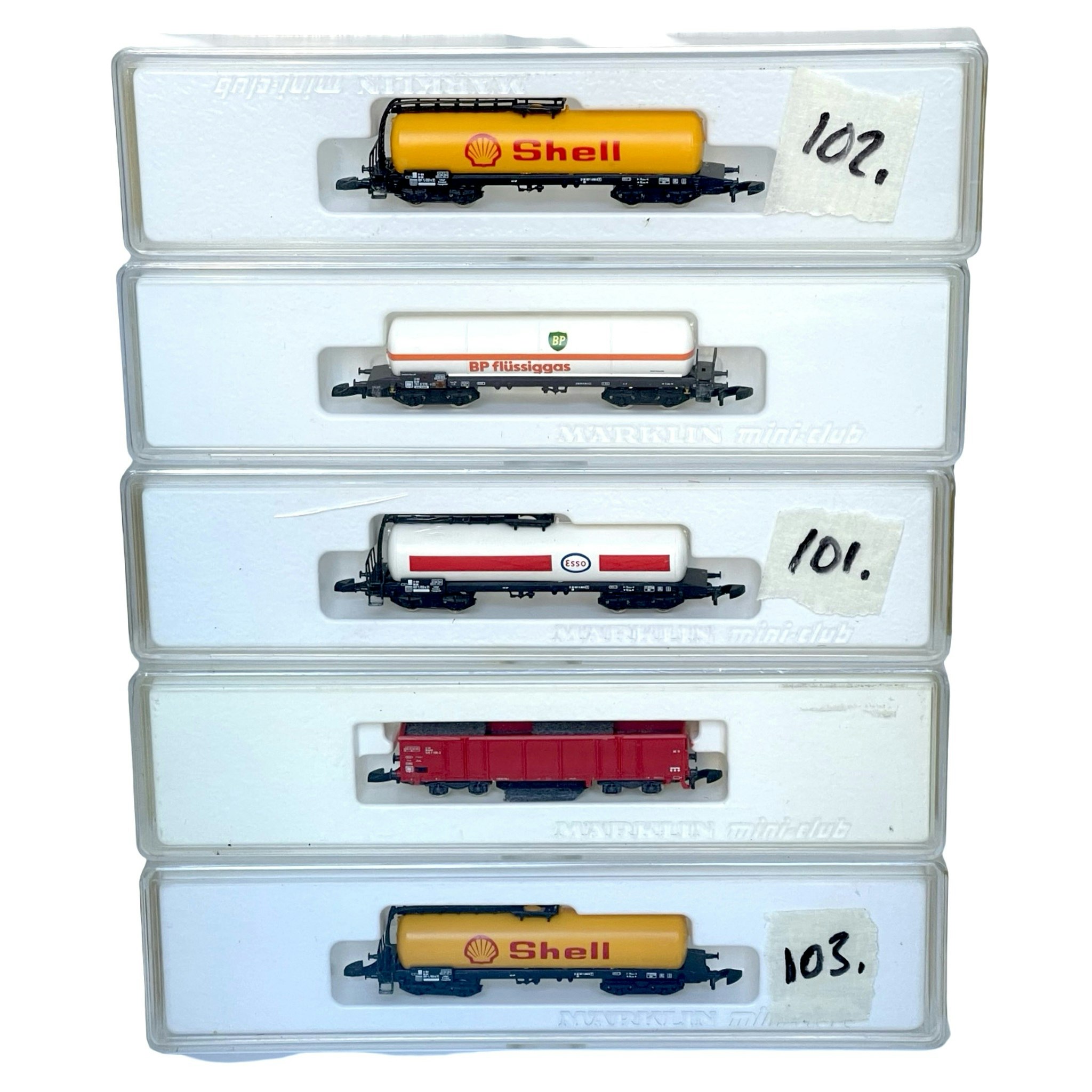5 st, Märklin Z Mini-Club, 82181, 8619, 86501, 2 X 8625 Shell 4 Axle Tank vagnar