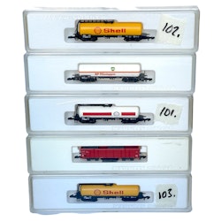 5 st, Märklin Z Mini-Club, 82181, 8619, 86501, 2 X 8625 Shell 4 Axle Tank vagnar
