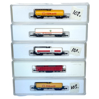 5 kpl, Märklin Z Mini-Club, 82181, 8619, 86501, 2 x 8625 Shell 4-akseliset säiliövaunut