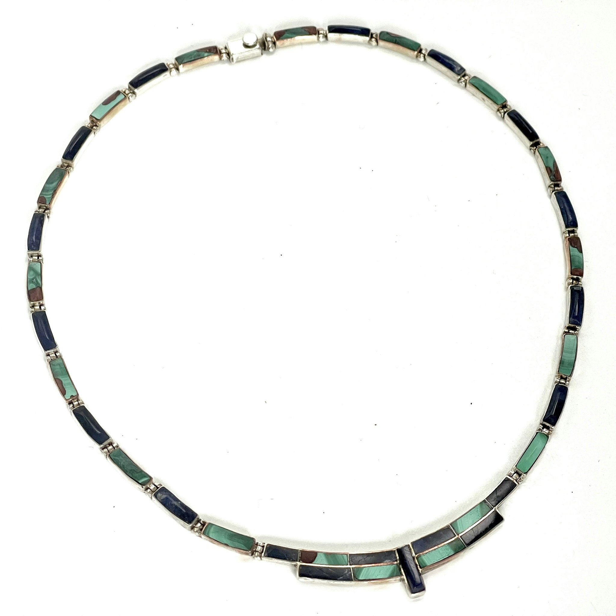 Necklace, Mexican silver 950 and Malachite with lapis lazuli