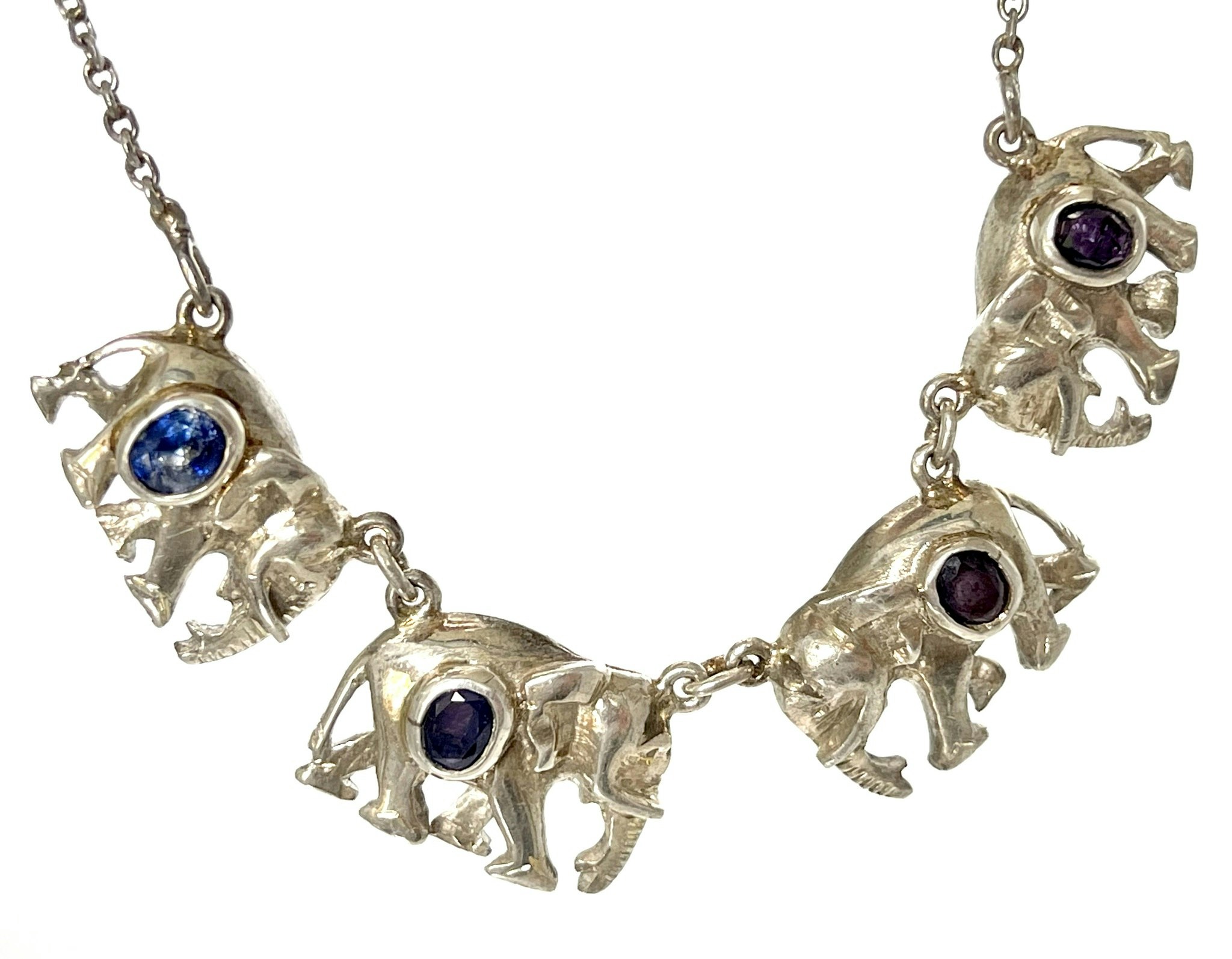 Vintage necklace, Elephants, silver with blue sapphires