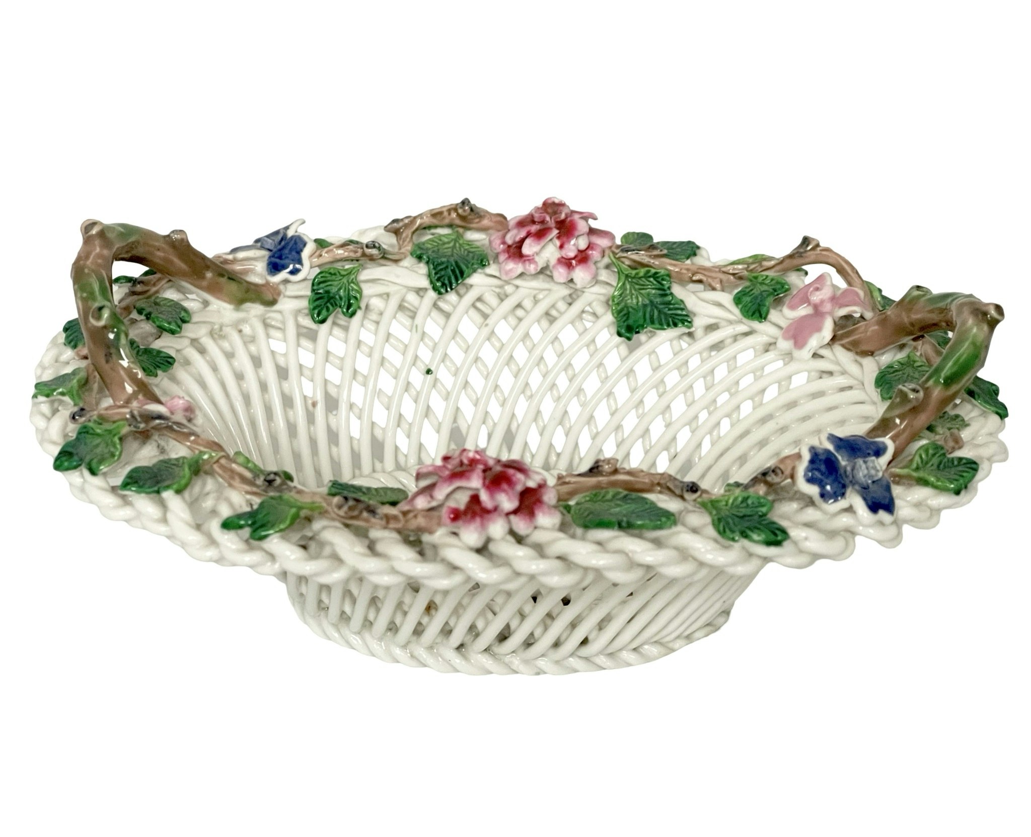 Äldre Dekorativ korg blomkorg i porslin av Crown Staffordshire, England