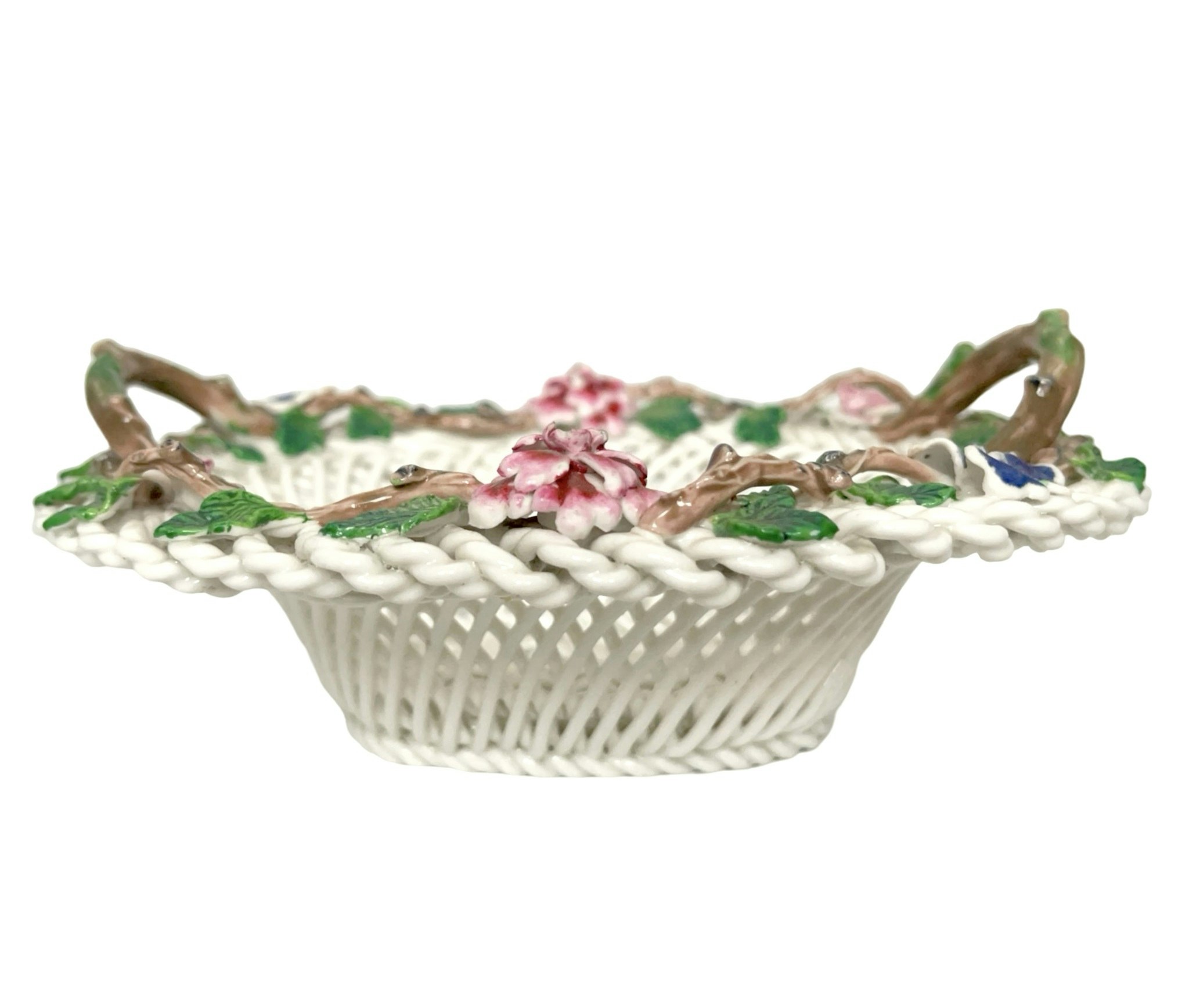 Äldre Dekorativ korg blomkorg i porslin av Crown Staffordshire, England